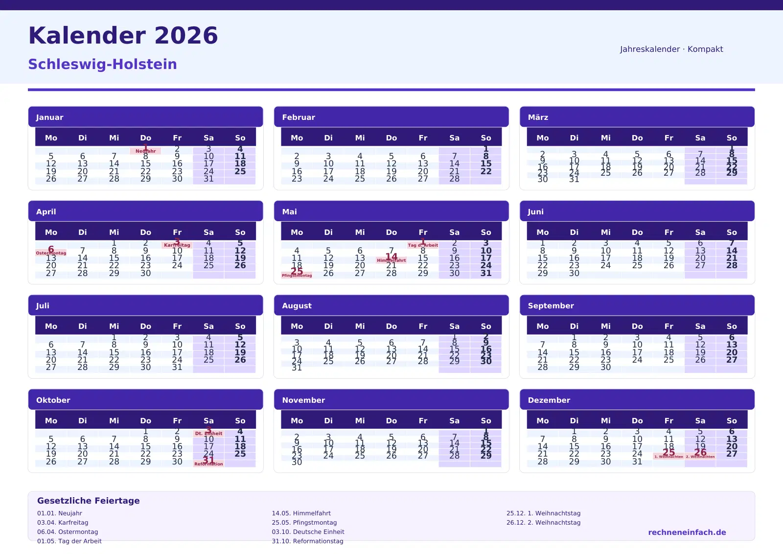 Kalender 2026 Schleswig-Holstein Querformat · Tage linear Vorschau