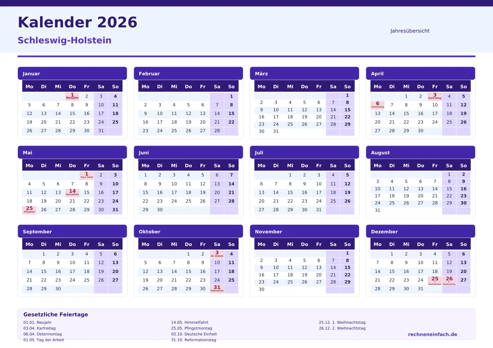 Kalender 2026 Schleswig-Holstein Querformat · Jahresübersicht Vorschau
