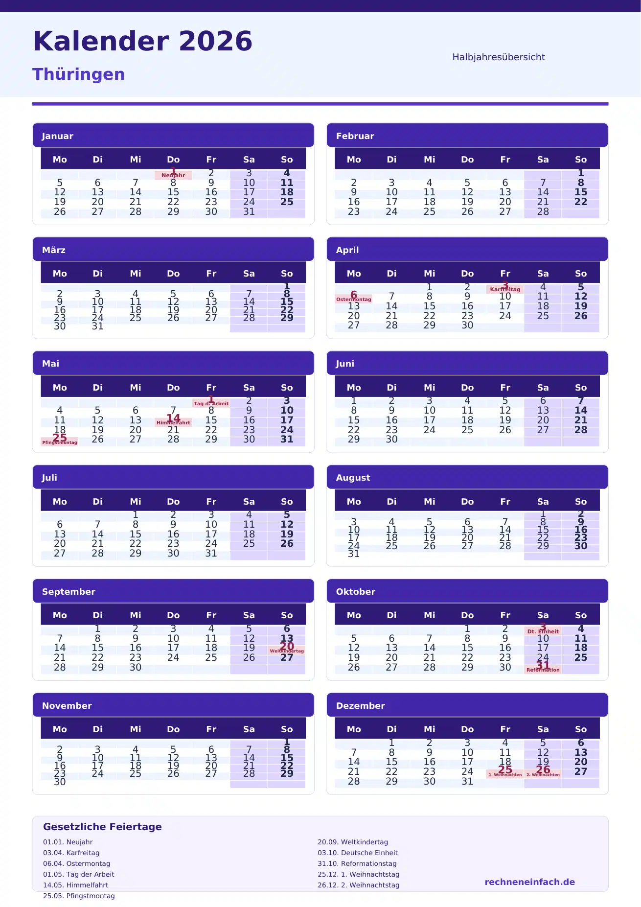 Kalender 2026 Thüringen Hochformat · nach Halbjahren Vorschau