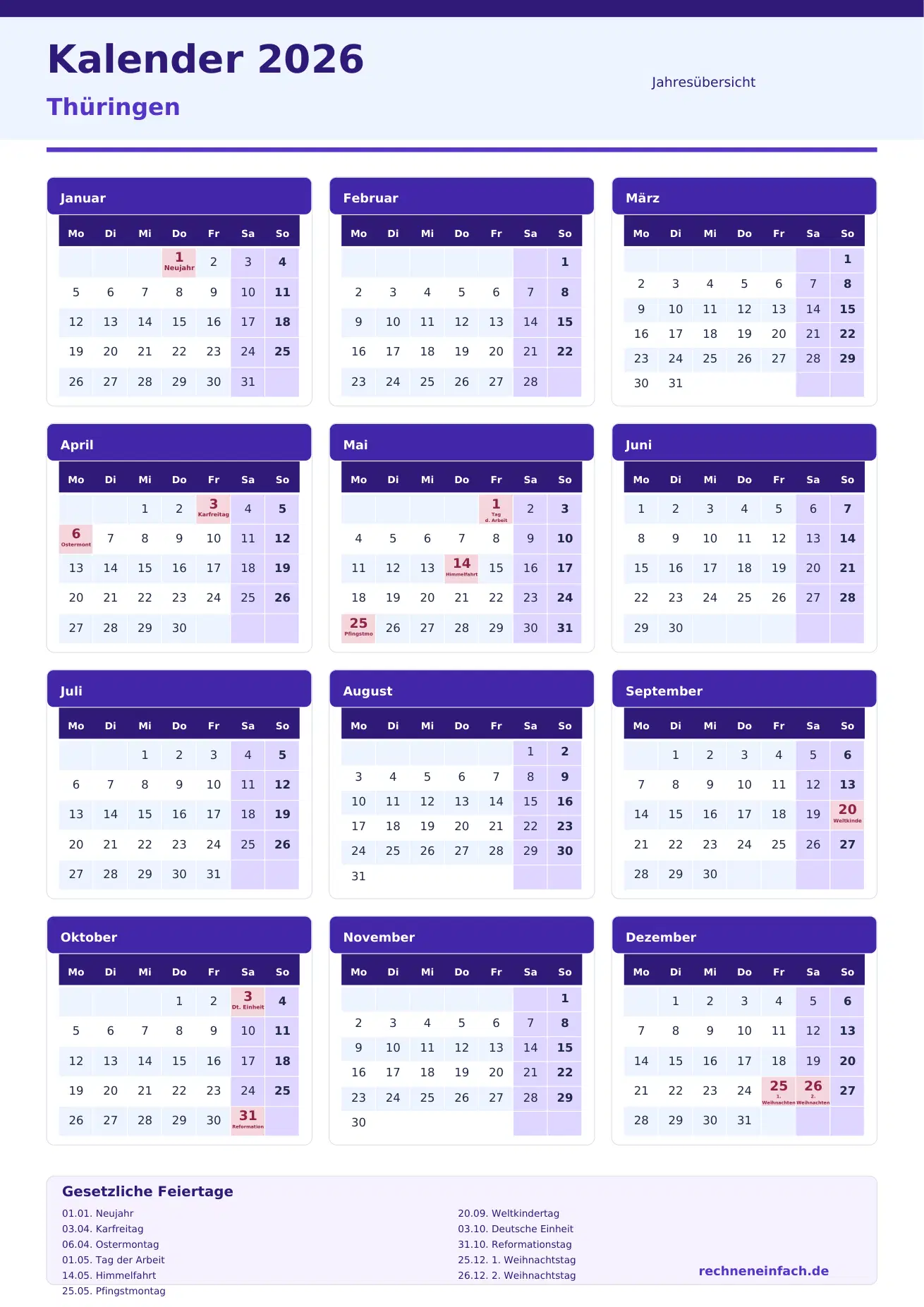 Kalender 2026 Thüringen Hochformat · Jahresübersicht Vorschau