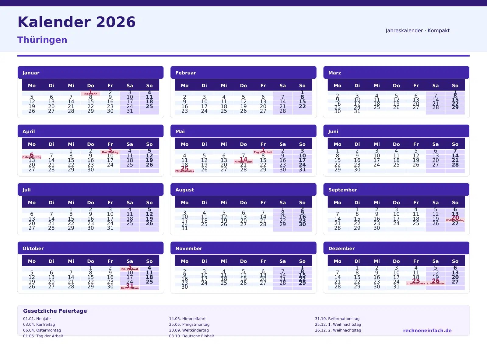 Kalender 2026 Thüringen Querformat · Tage linear Vorschau