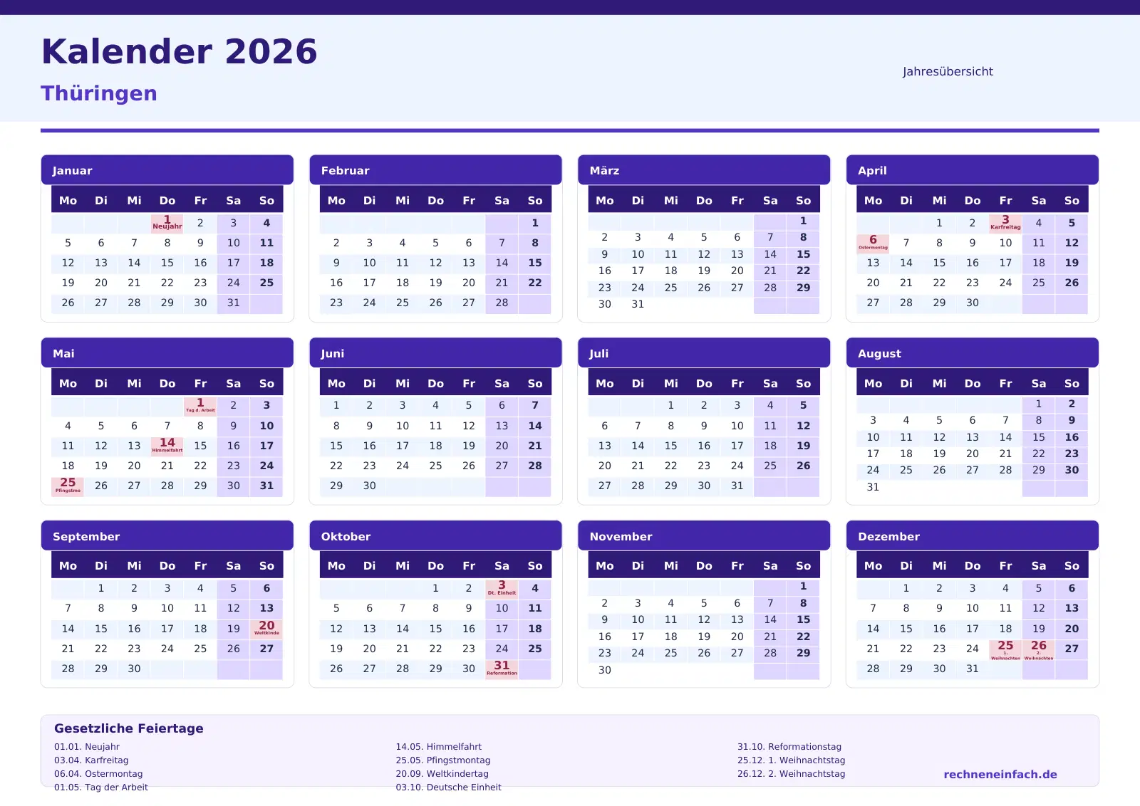 Kalender 2026 Thüringen Querformat · Jahresübersicht Vorschau