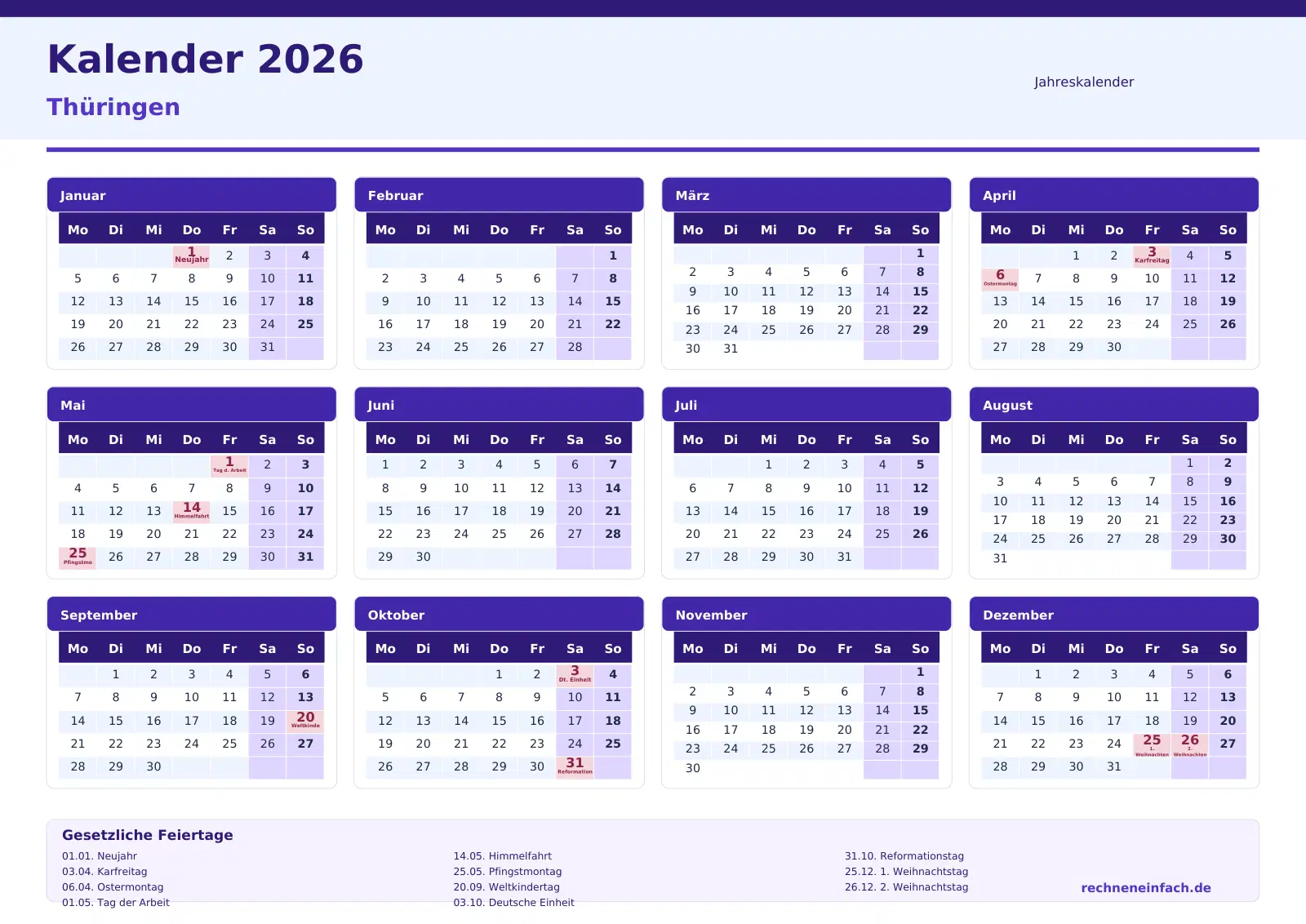 Kalender 2026 Thüringen: 10 PDF-Vorlagen zum Ausdrucken 1 Kalender 2026 Thüringen Jahresübersicht im Querformat