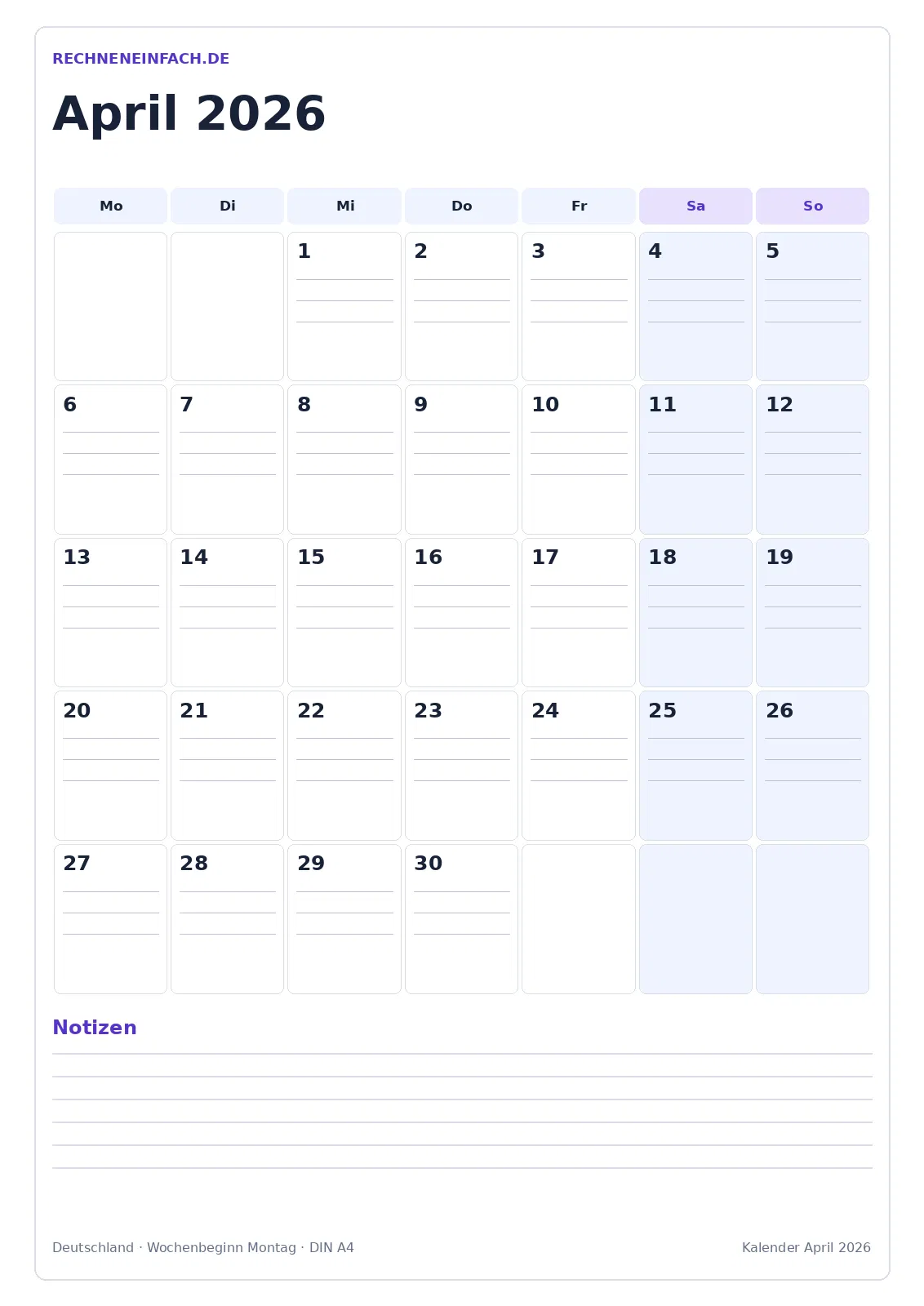 Kalender April 2026: Hochformat mit Notizen