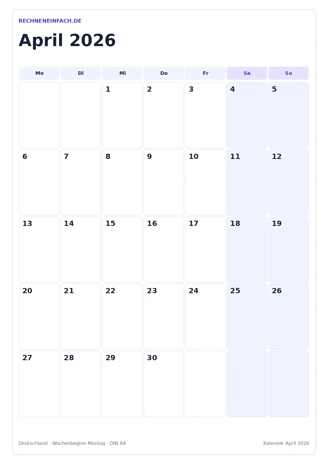 Kalender April 2026: Hochformat