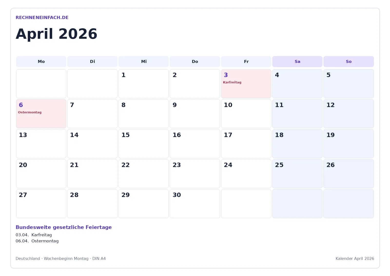 Kalender April 2026: Mit Feiertagen