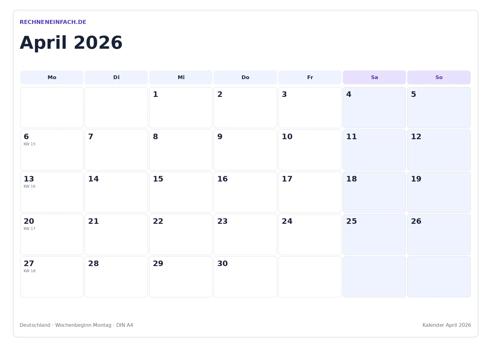 Kalender April 2026: Mit Kalenderwochen