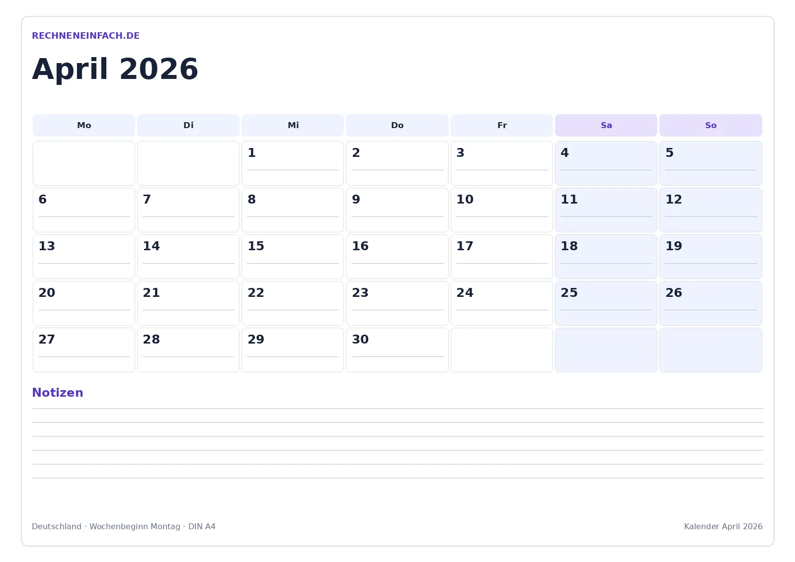 Kalender April 2026: Querformat mit Notizen
