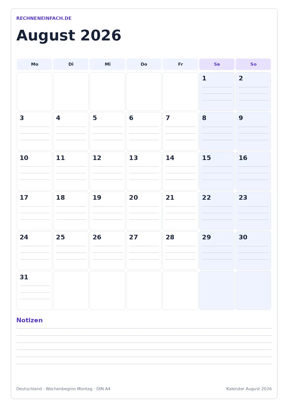 Kalender August 2026: Hochformat mit Notizen