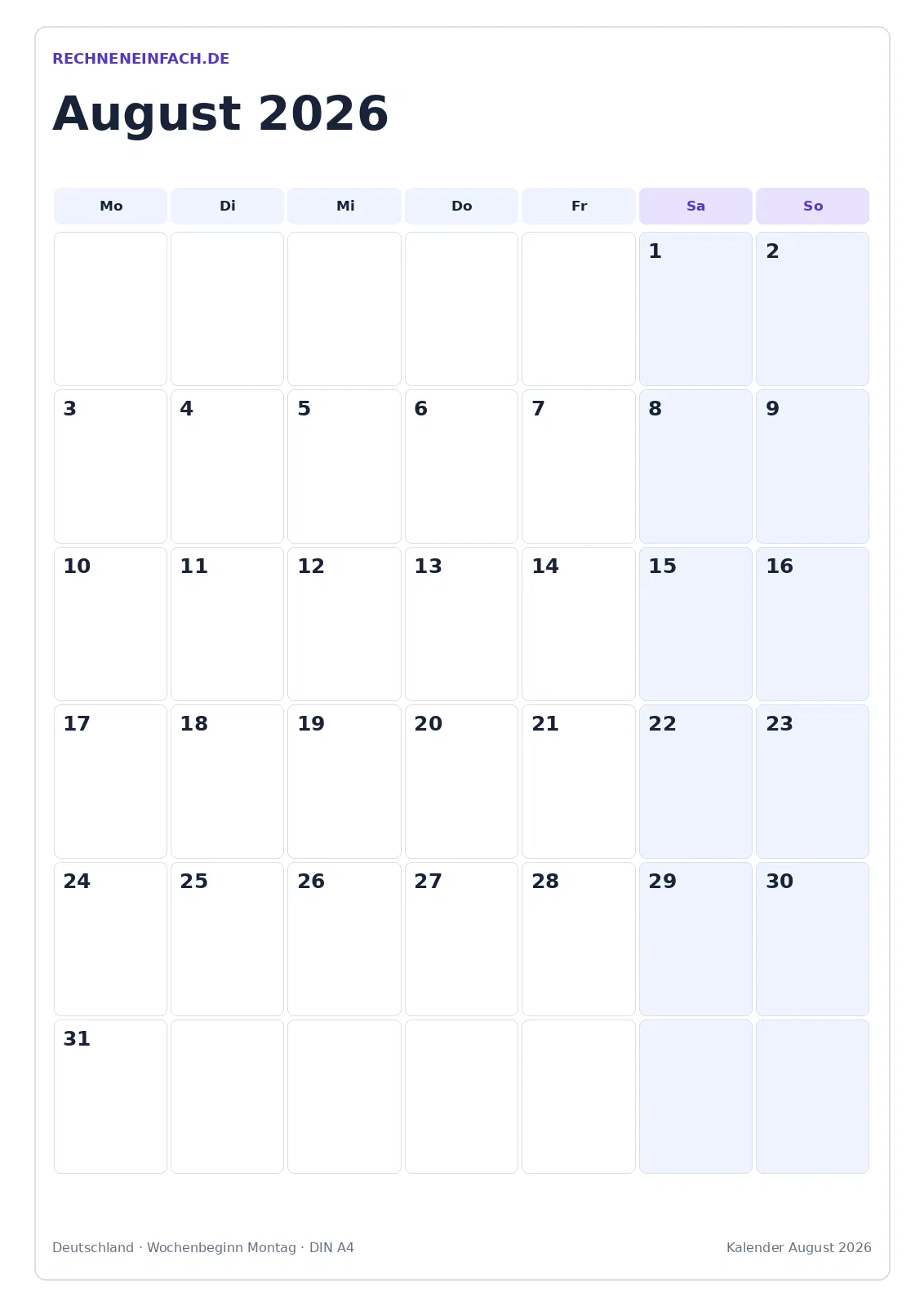 Kalender August 2026: Hochformat