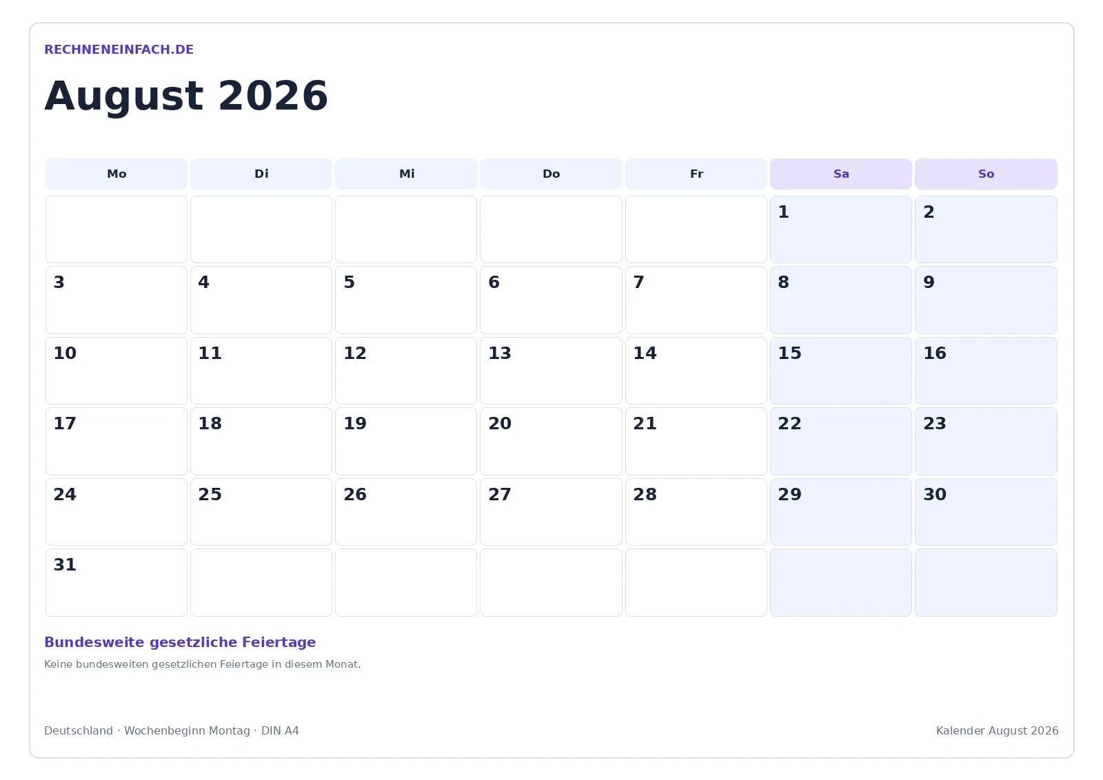 Kalender August 2026: Mit Feiertagen