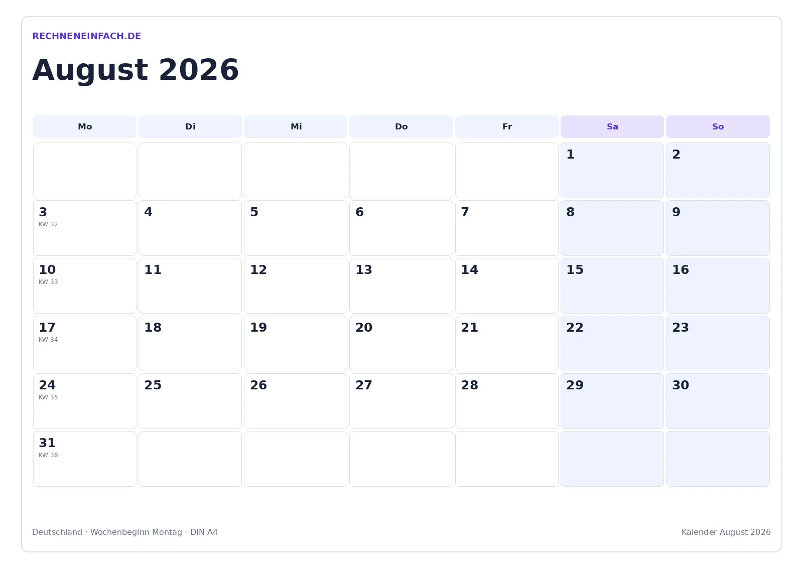 Kalender August 2026: Mit Kalenderwochen