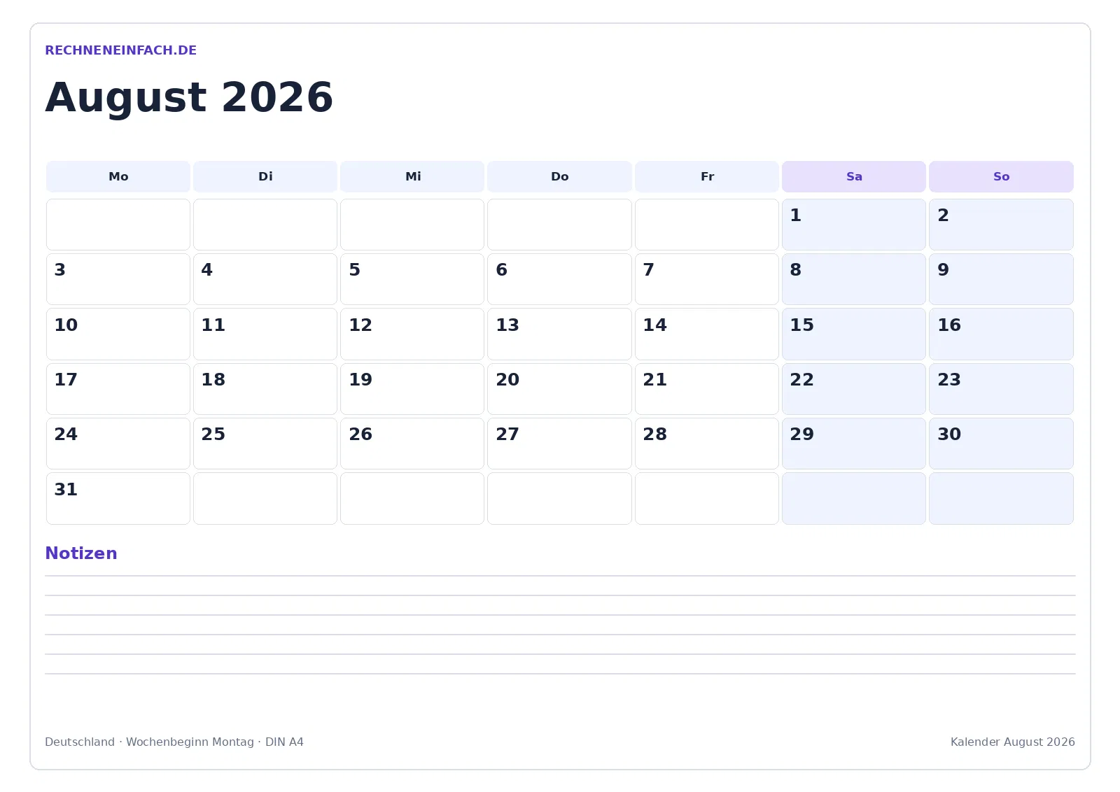Kalender August 2026: Querformat mit Notizen