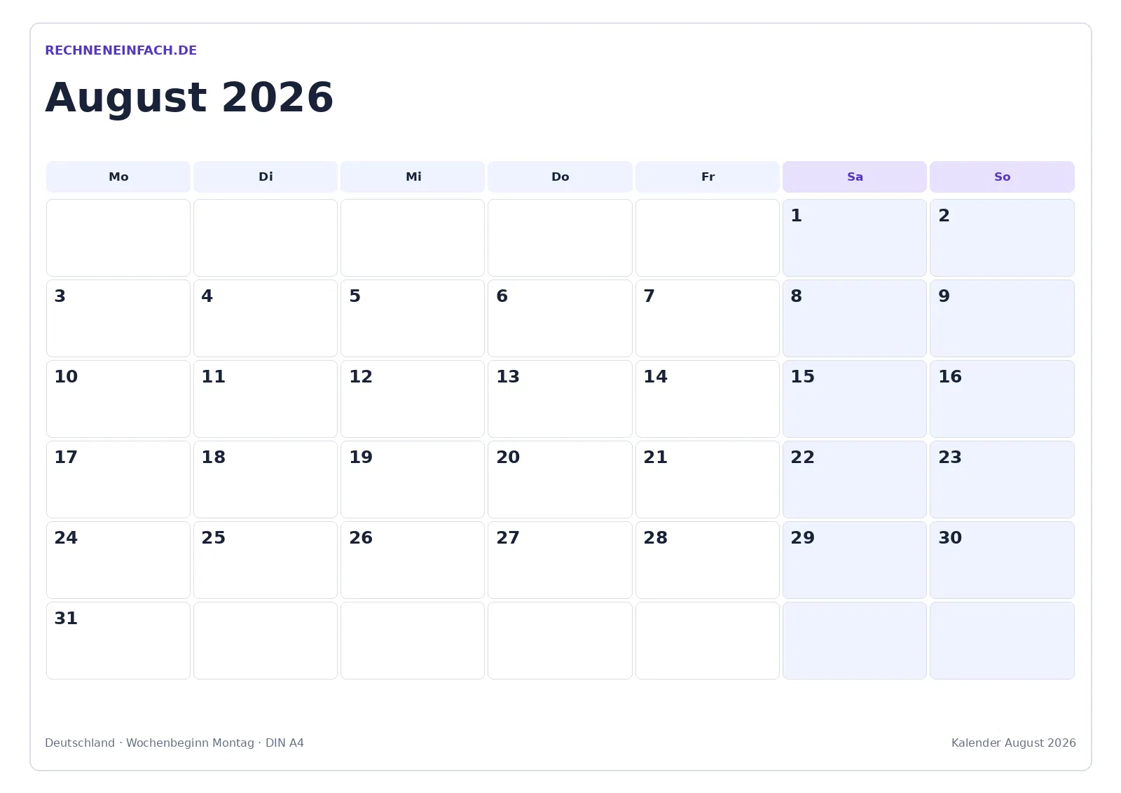 Kalender August 2026: PDF und WEBP kostenlos ausdrucken 1 Kalender August 2026, Kalender zum Ausdrucken im Querformat