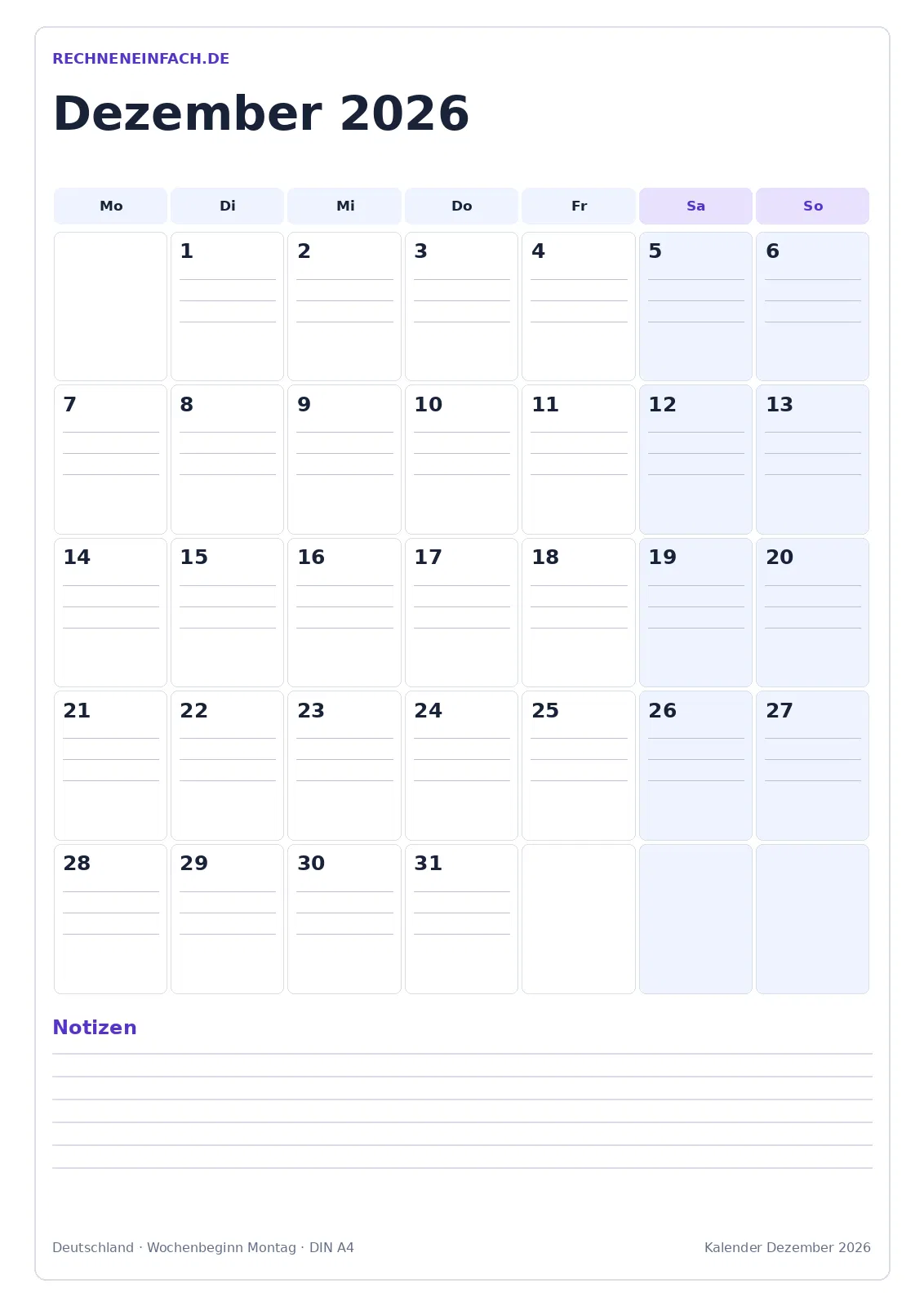 Kalender Dezember 2026: Hochformat mit Notizen