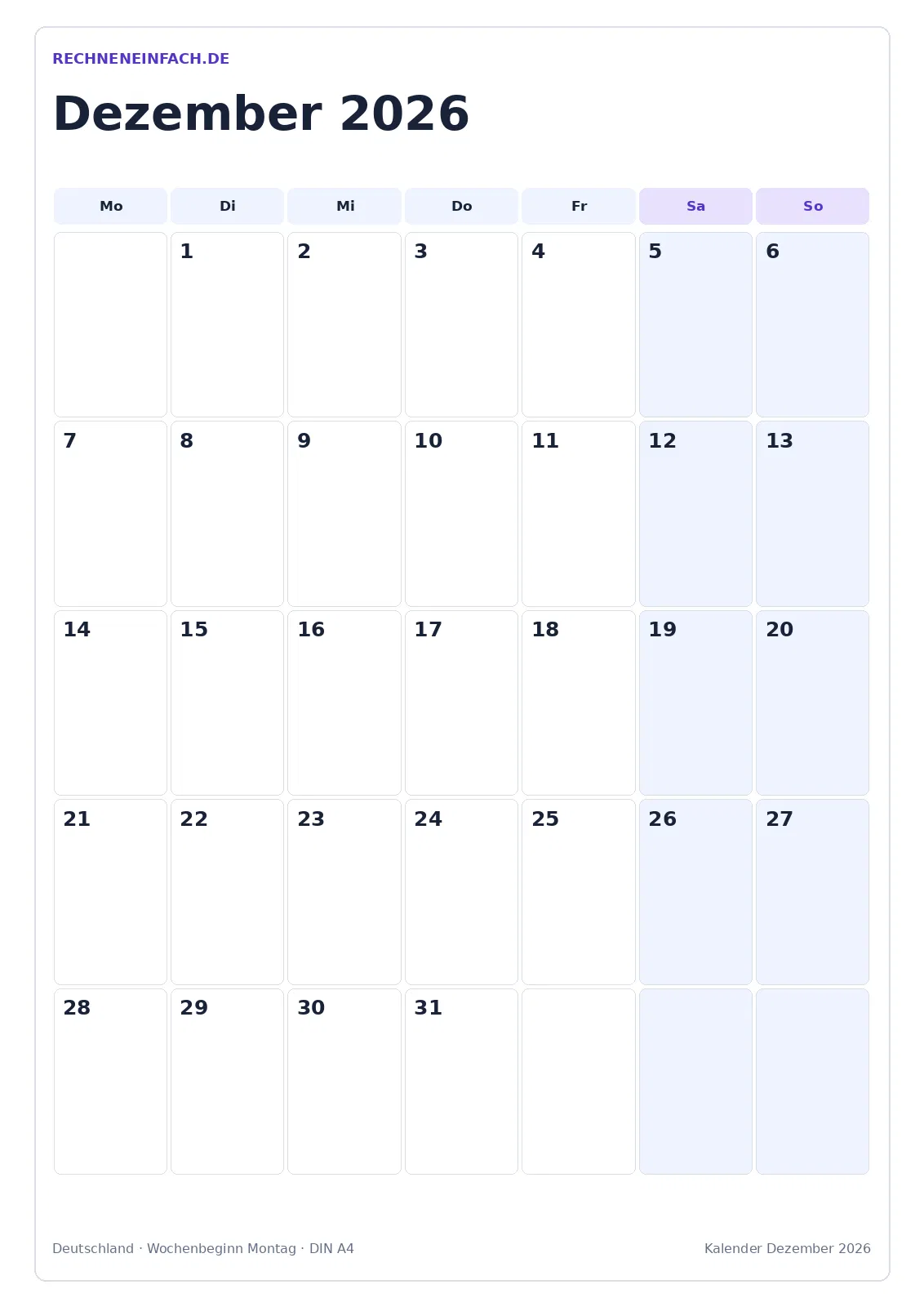 Kalender Dezember 2026: Hochformat