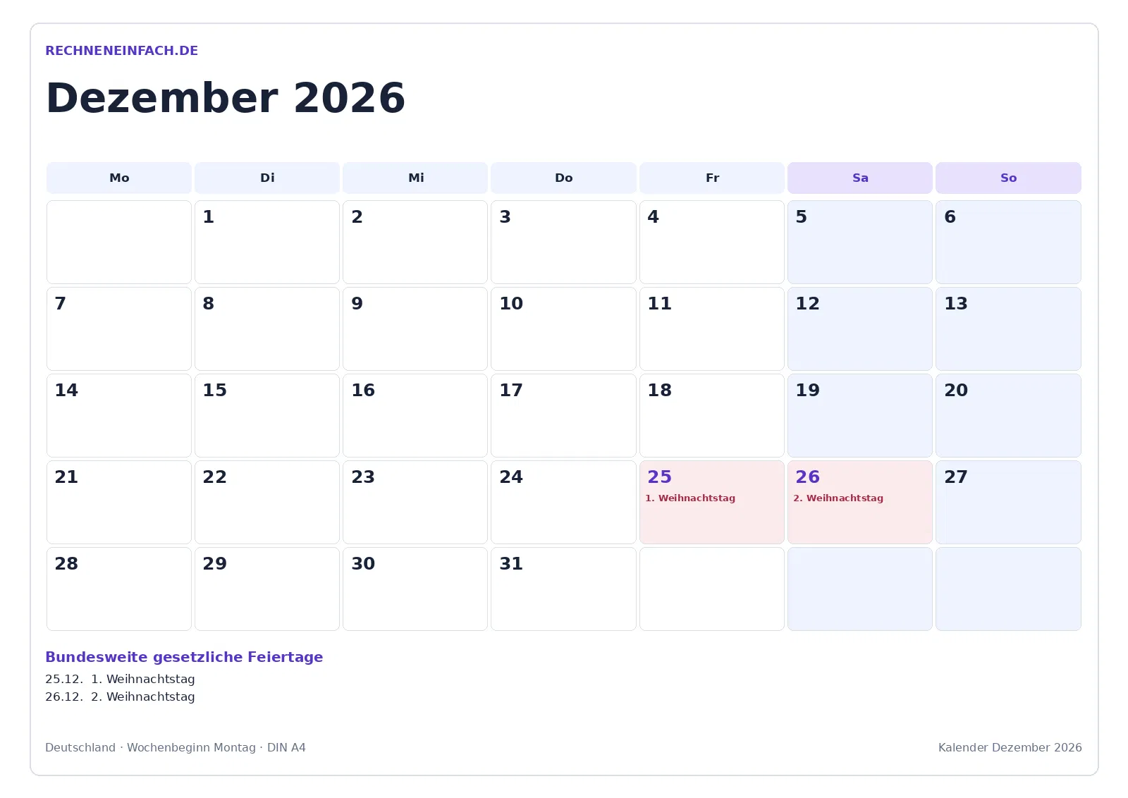 Kalender Dezember 2026: Mit Feiertagen