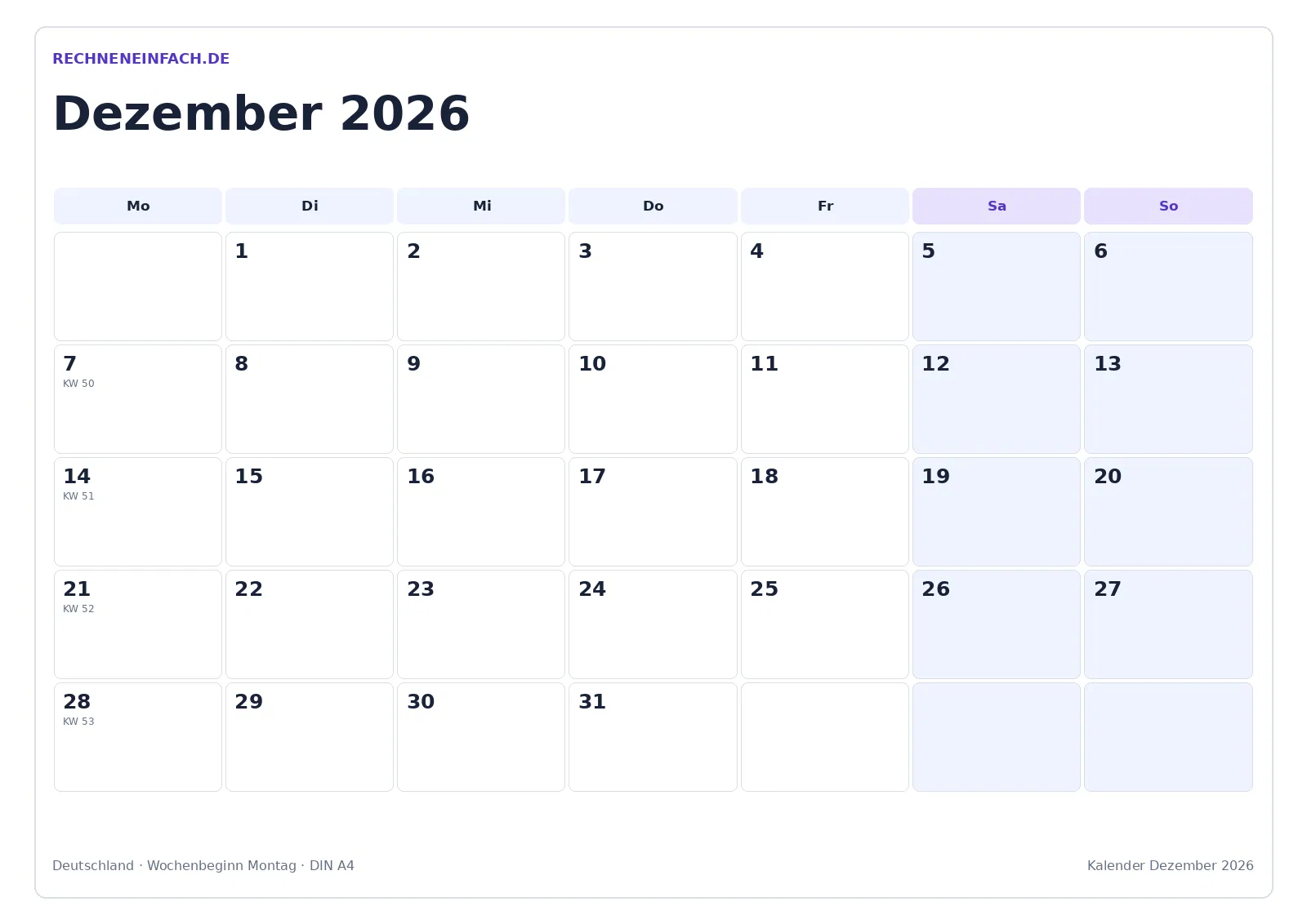 Kalender Dezember 2026: Mit Kalenderwochen