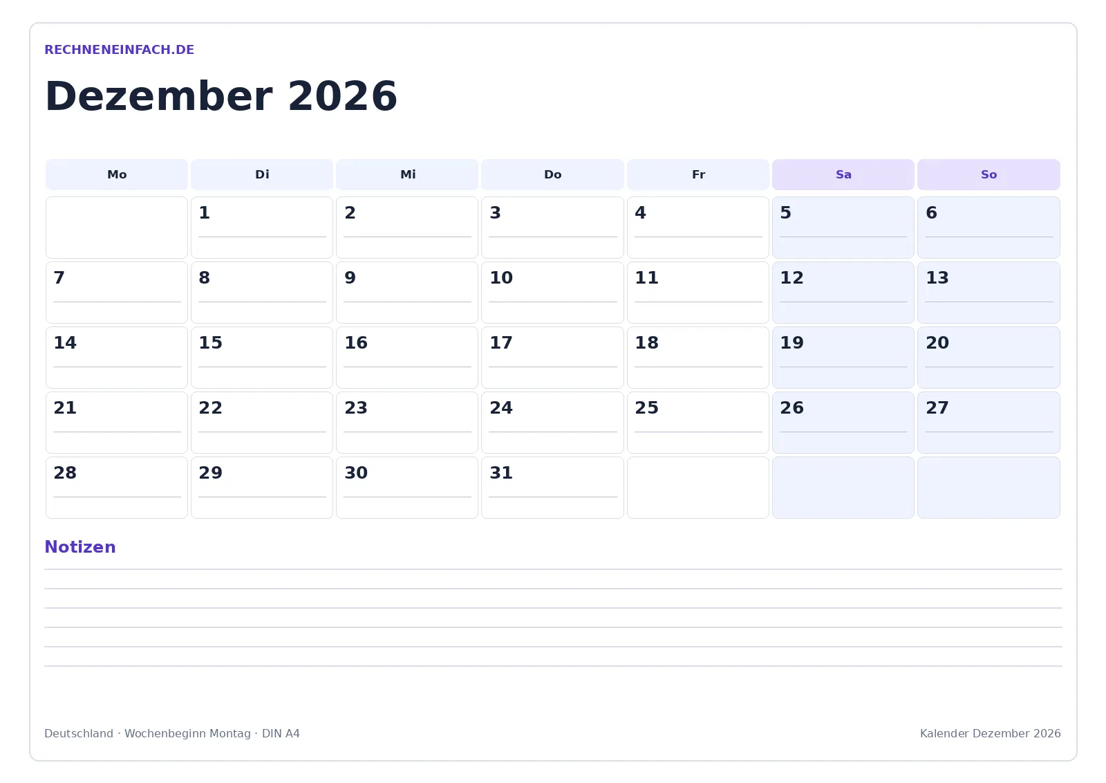 Kalender Dezember 2026: Querformat mit Notizen