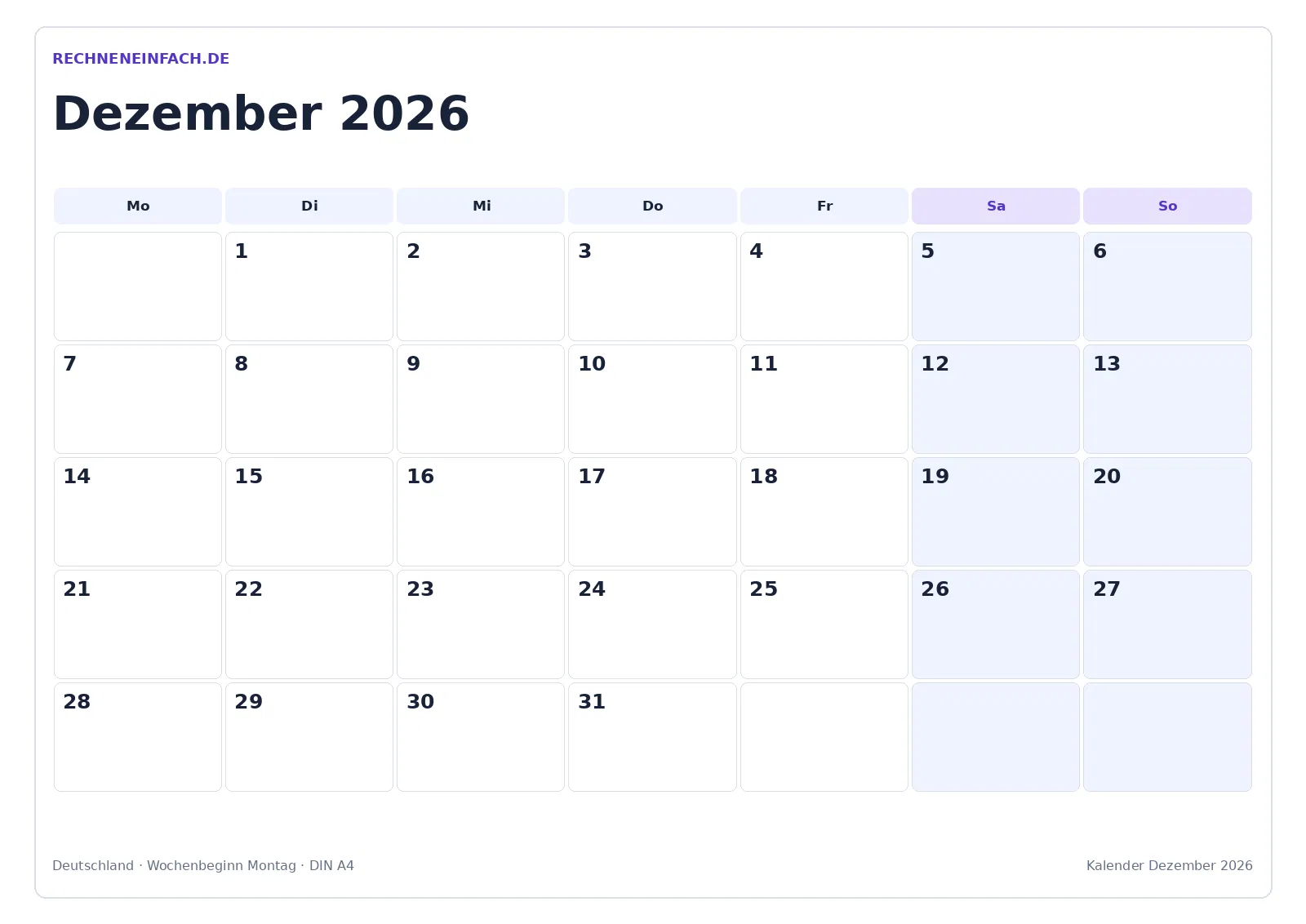 Kalender Dezember 2026 zum Ausdrucken: PDF & WEBP gratis 1 Kalender Dezember 2026, Kalender zum Ausdrucken im Querformat