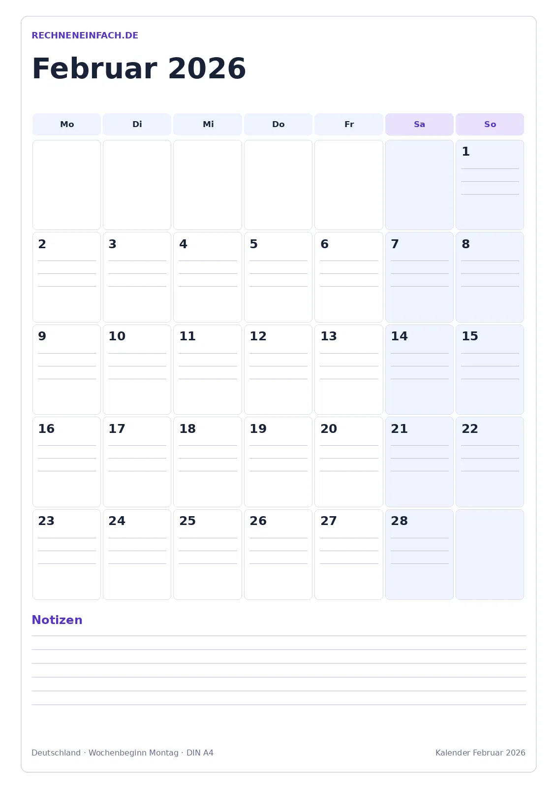 Kalender Februar 2026: Hochformat mit Notizen
