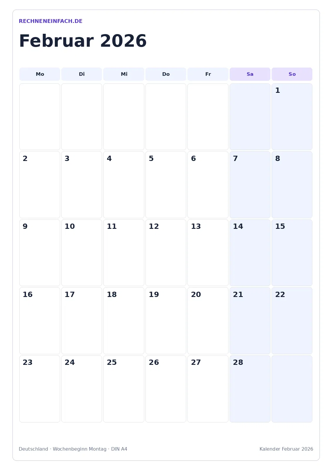 Kalender Februar 2026: Hochformat