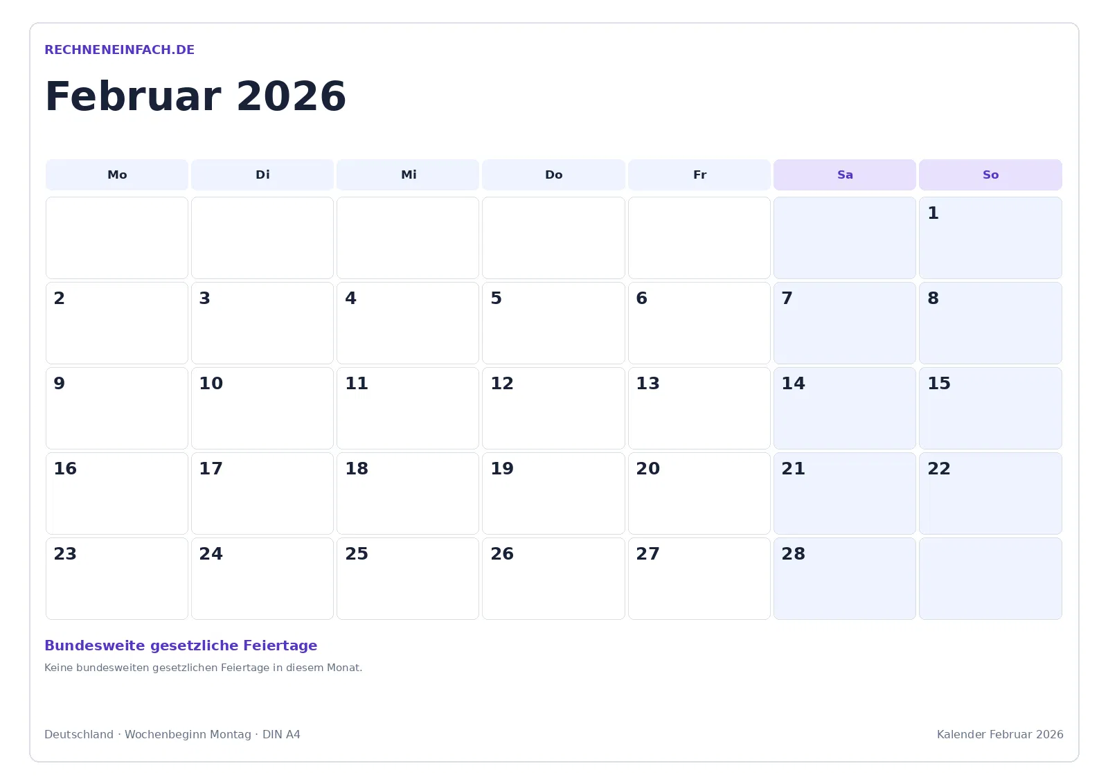 Kalender Februar 2026: Mit Feiertagen