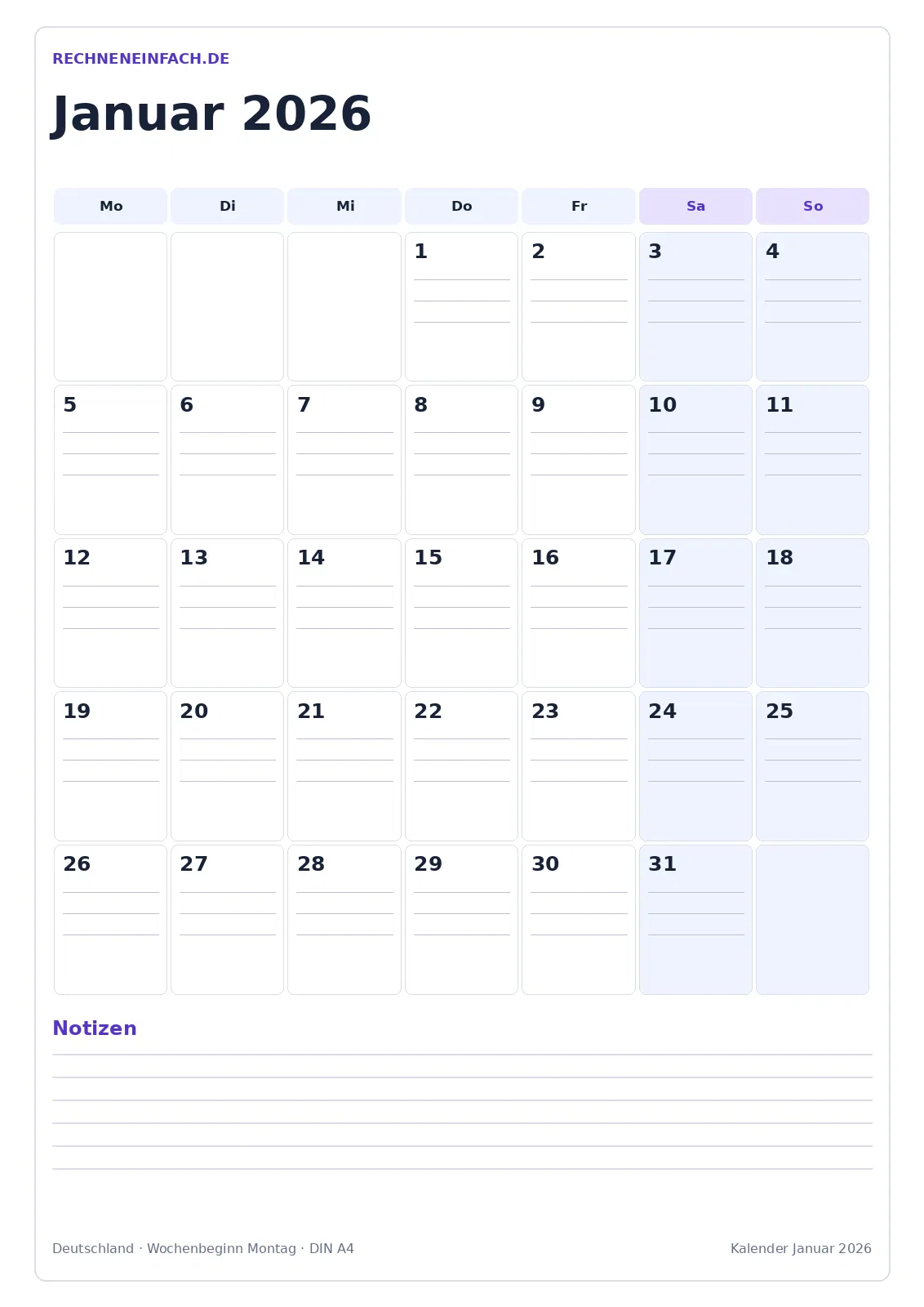 Kalender Januar 2026: Hochformat mit Notizen