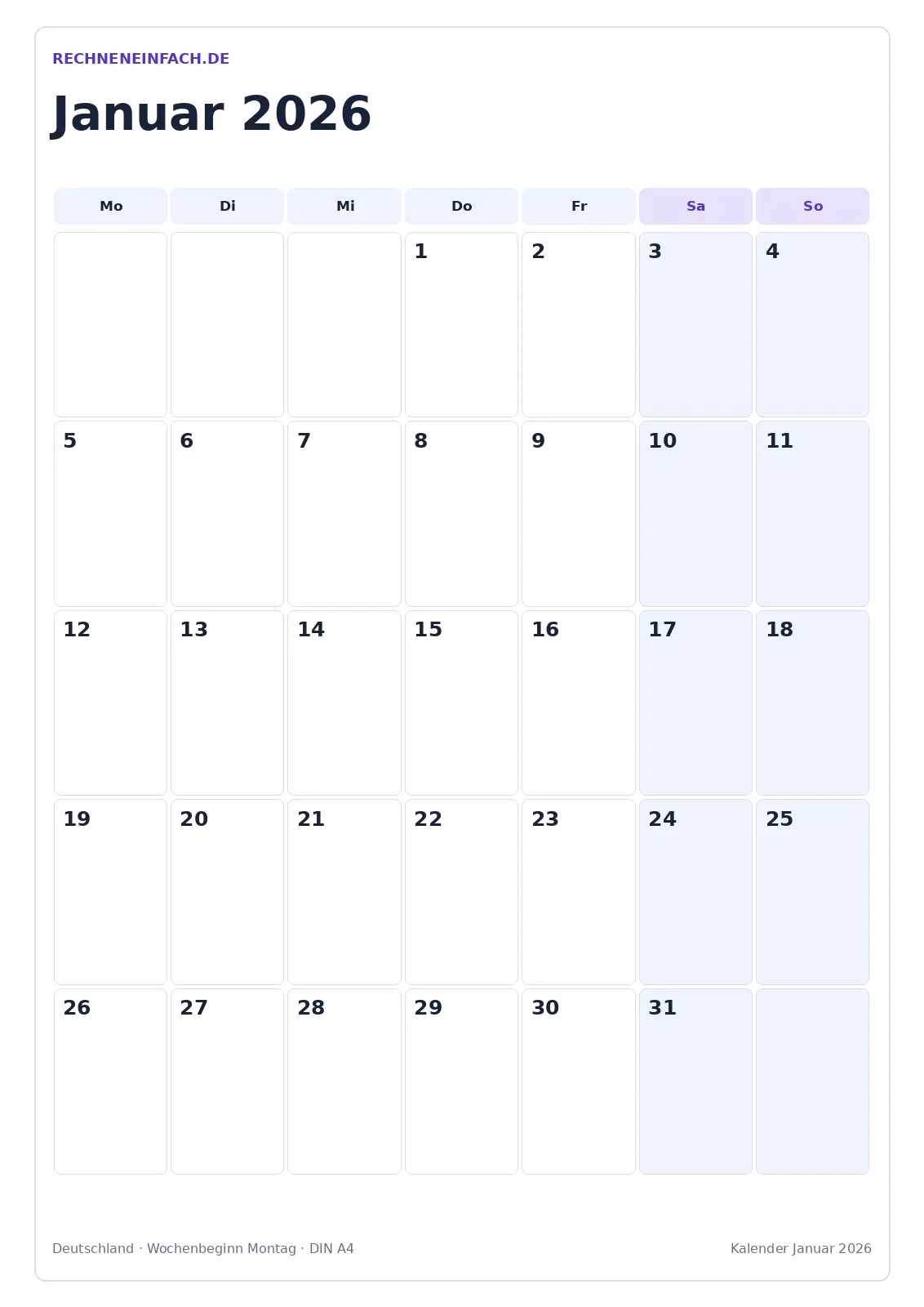 Kalender Januar 2026: Hochformat