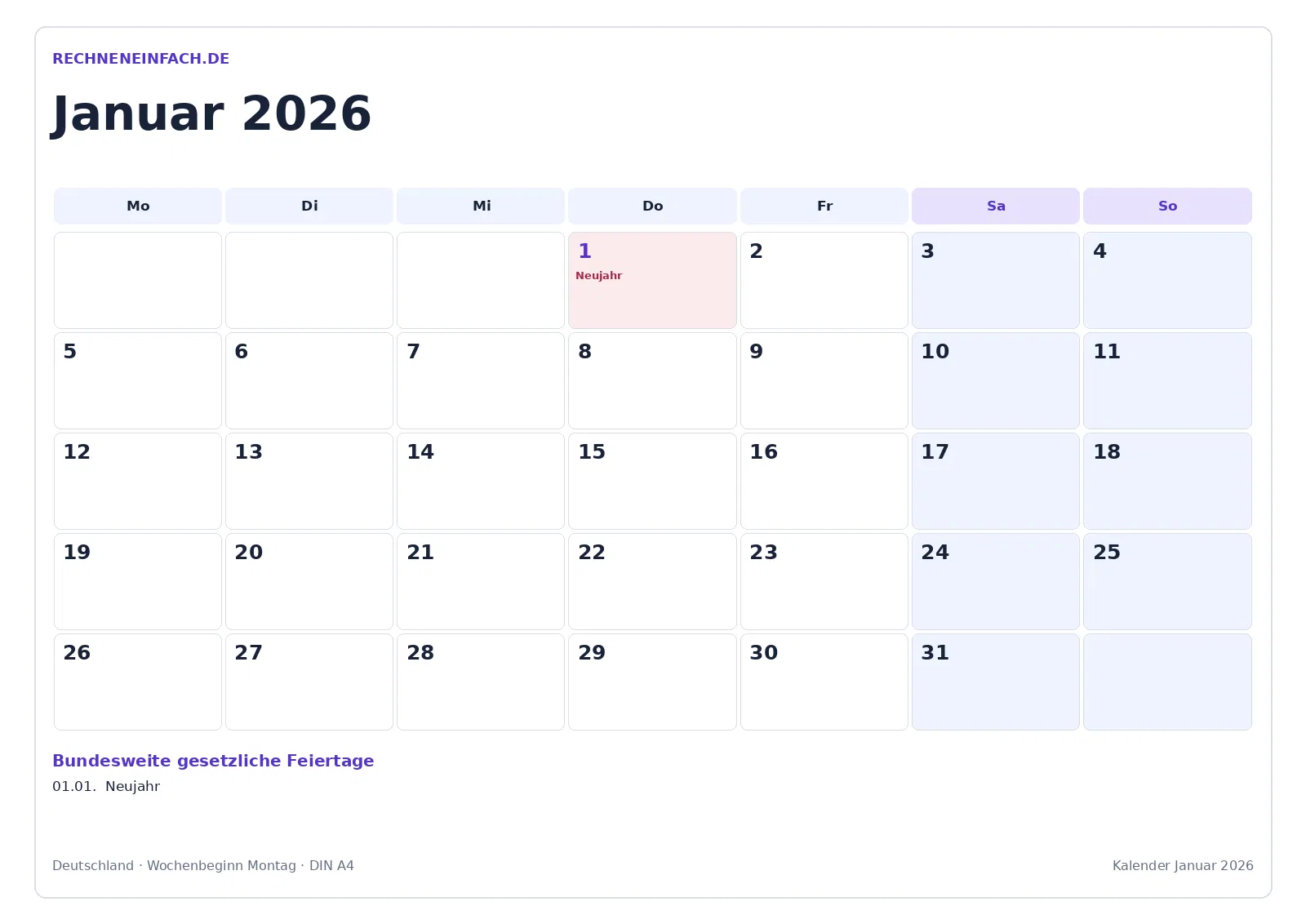 Kalender Januar 2026: Mit Feiertagen
