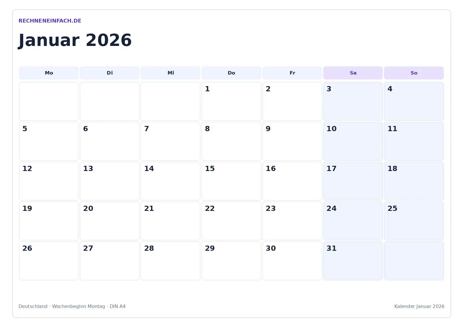 Kalender Januar 2026: Wochenenden markiert