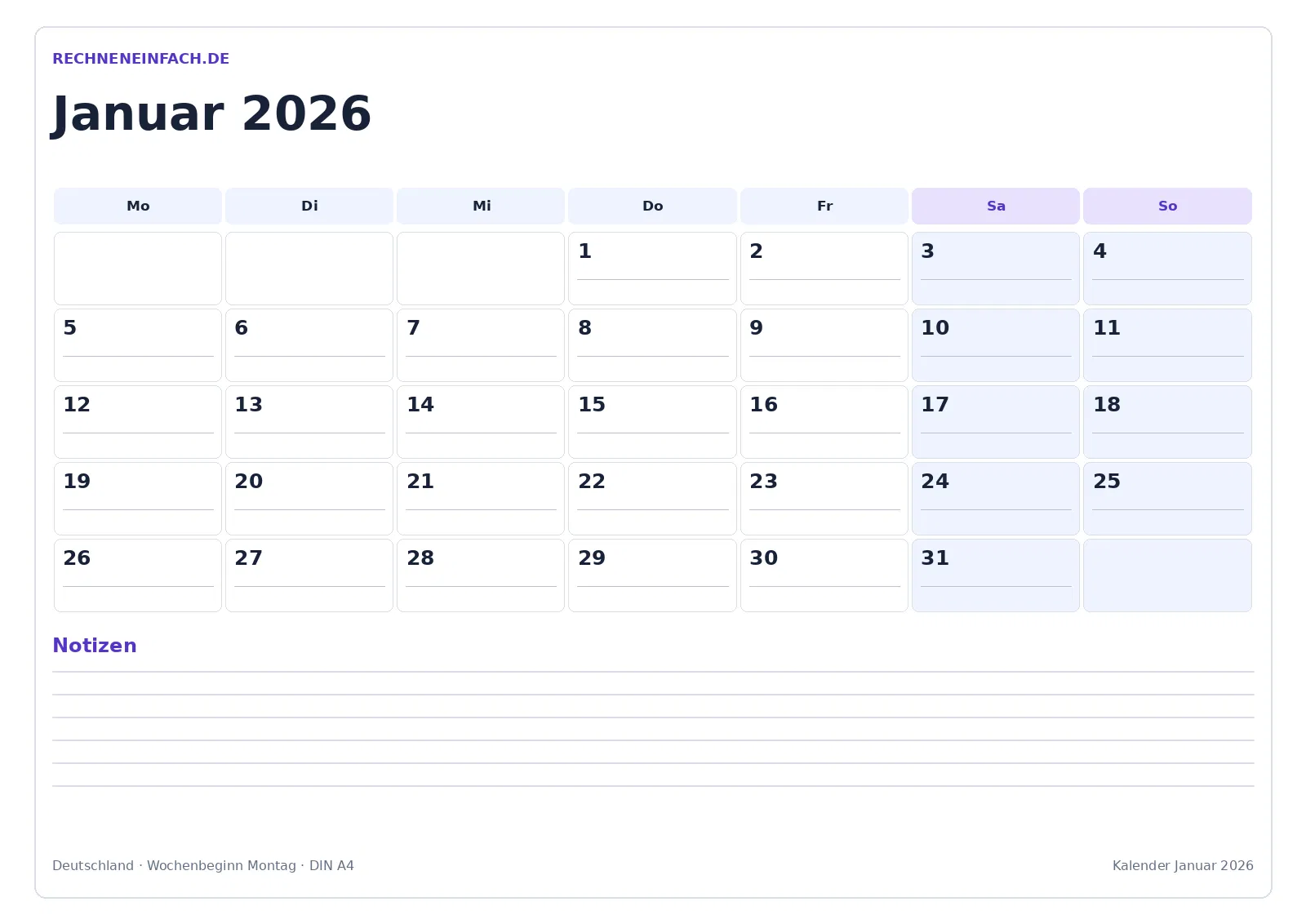 Kalender Januar 2026: Querformat mit Notizen
