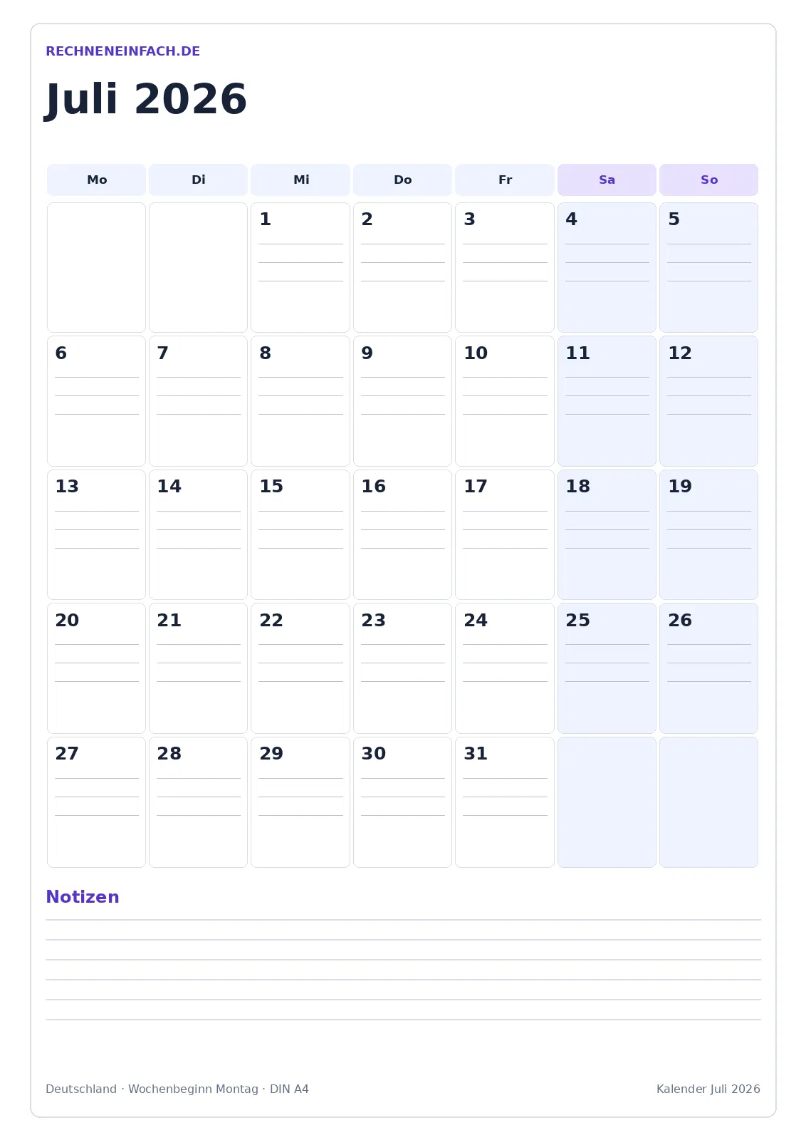 Kalender Juli 2026: Hochformat mit Notizen