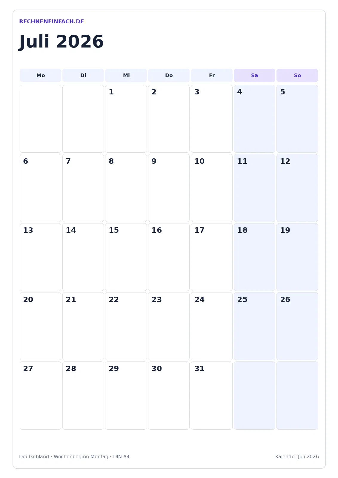 Kalender Juli 2026: Hochformat