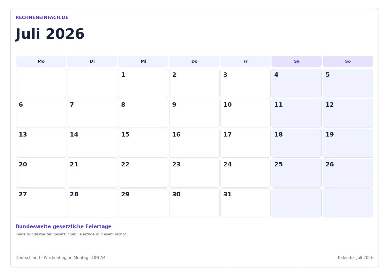 Kalender Juli 2026: Mit Feiertagen