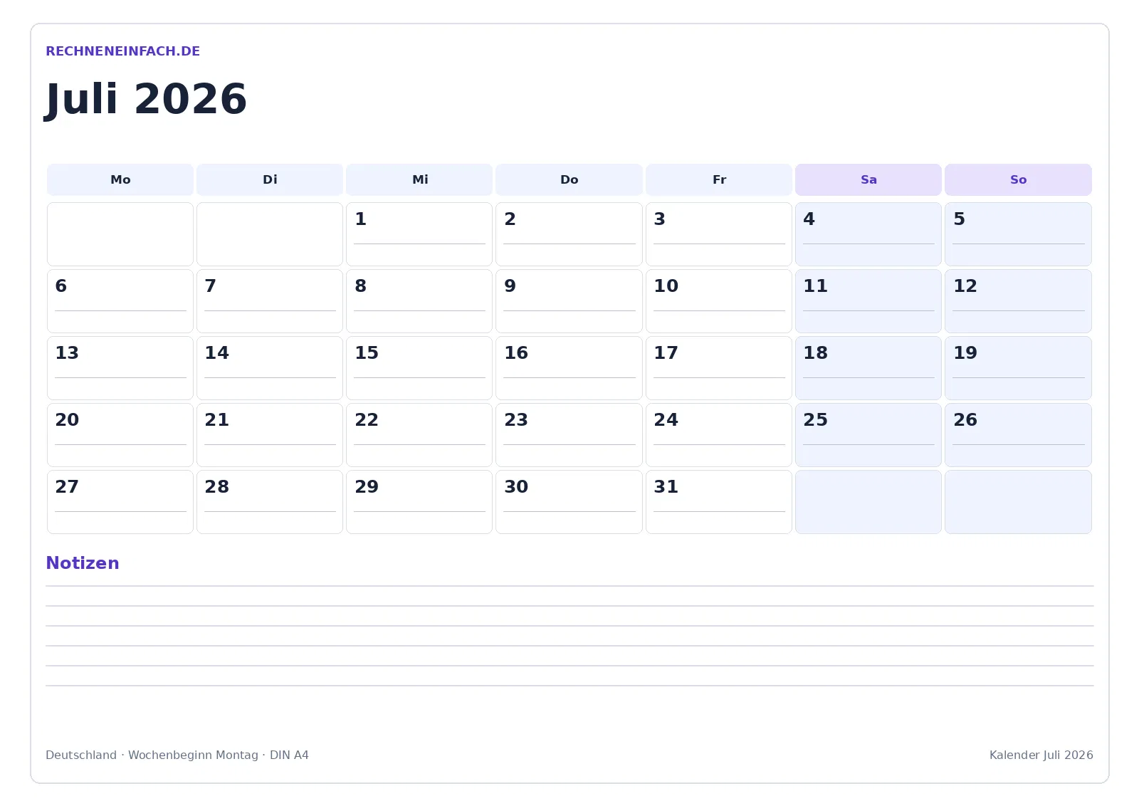 Kalender Juli 2026: Querformat mit Notizen