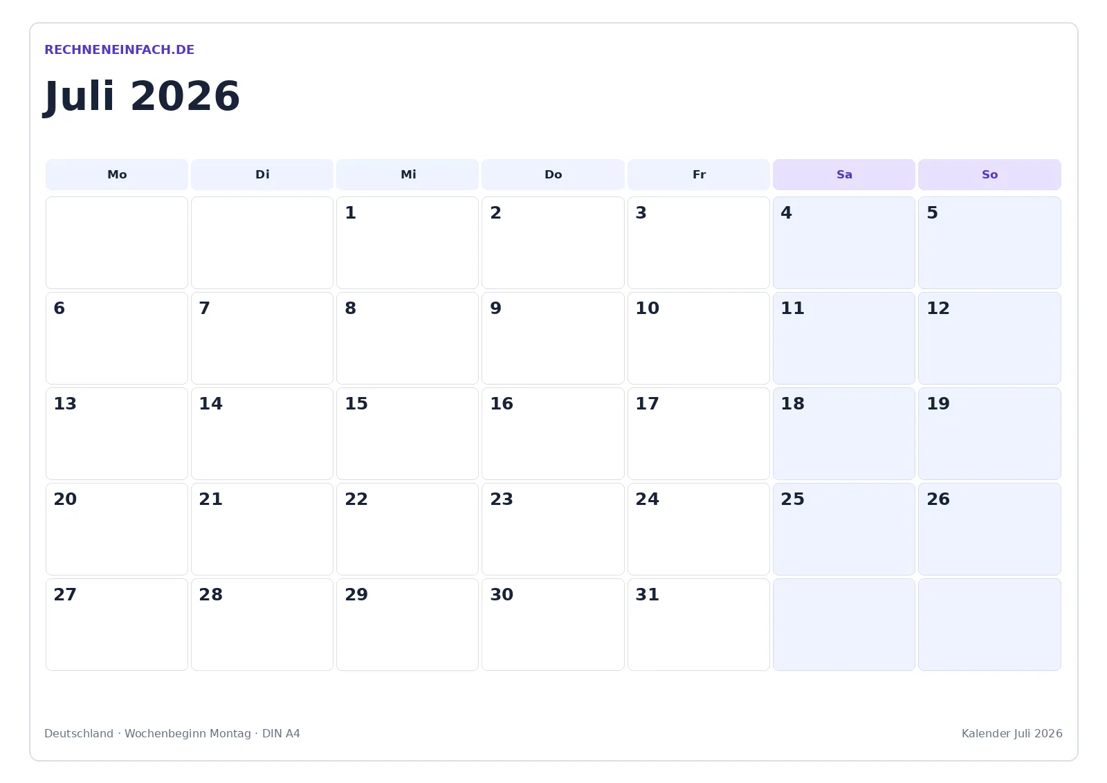 Kalender Juli 2026 zum Ausdrucken: PDF & WEBP kostenlos 1 Kalender Juli 2026, Kalender zum Ausdrucken im Querformat
