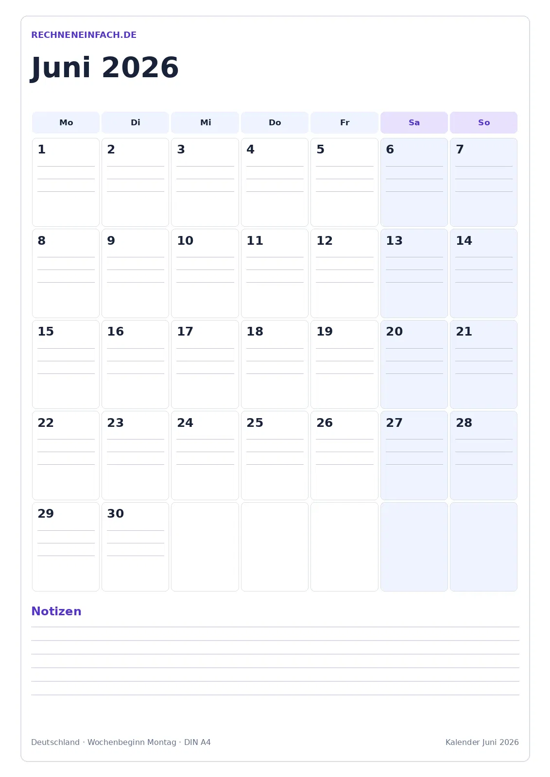 Kalender Juni 2026: Hochformat mit Notizen