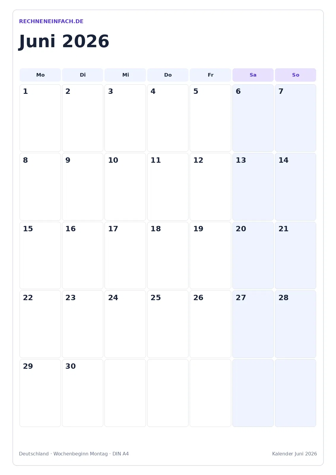 Kalender Juni 2026: Hochformat