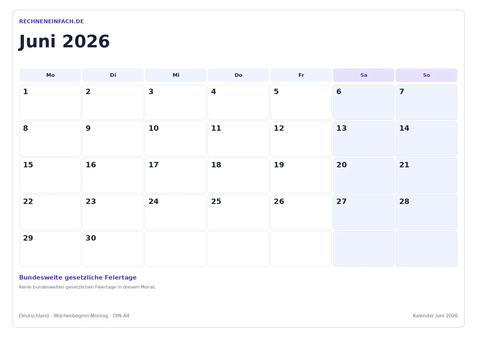 Kalender Juni 2026: Mit Feiertagen