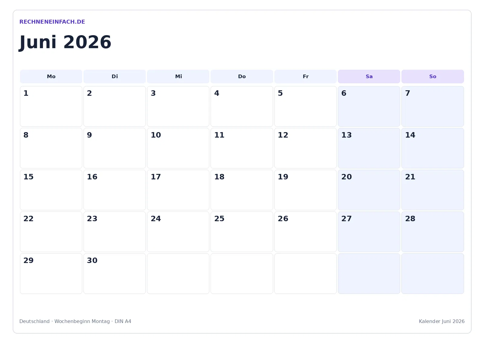 Kalender Juni 2026: Wochenenden markiert