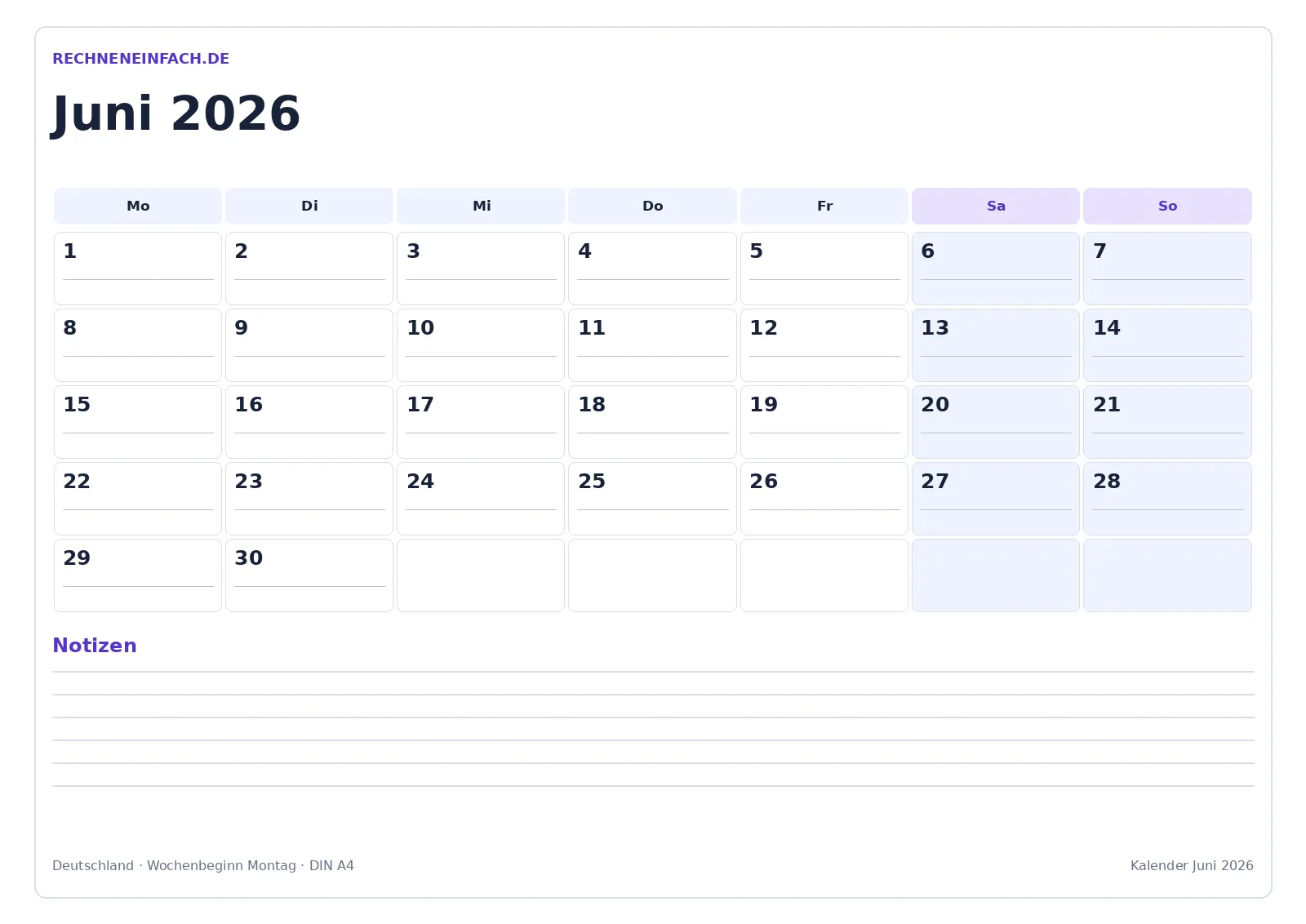 Kalender Juni 2026: Querformat mit Notizen