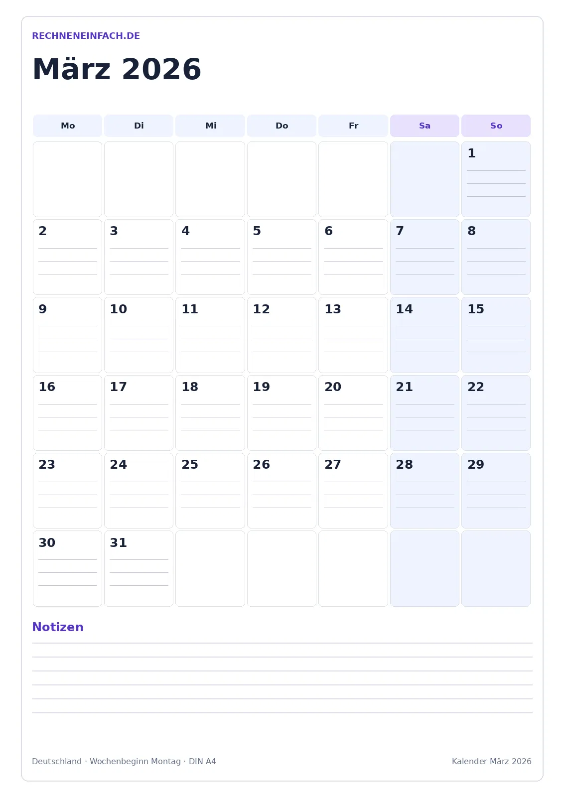 Kalender März 2026: Hochformat mit Notizen