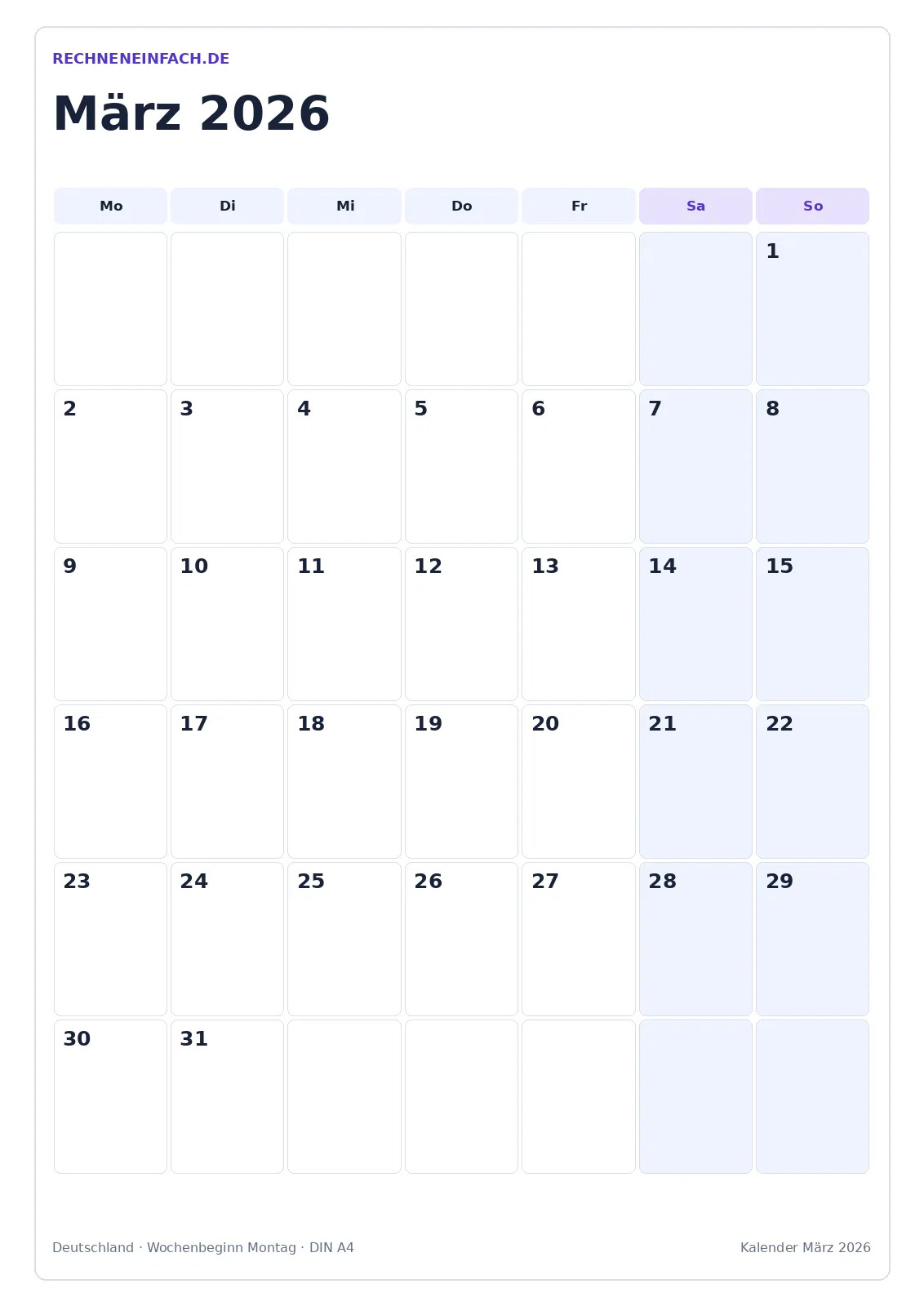 Kalender März 2026: Hochformat