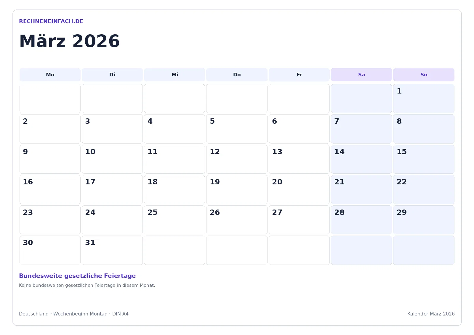 Kalender März 2026: Mit Feiertagen