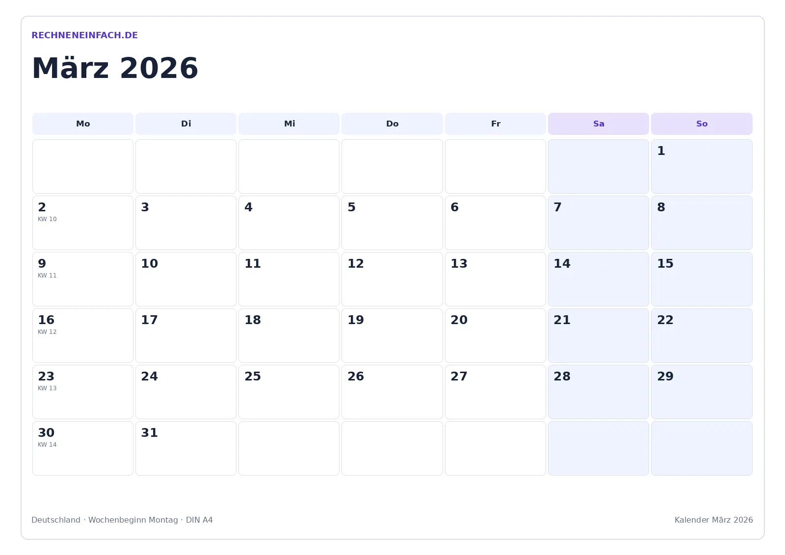 Kalender März 2026: Mit Kalenderwochen
