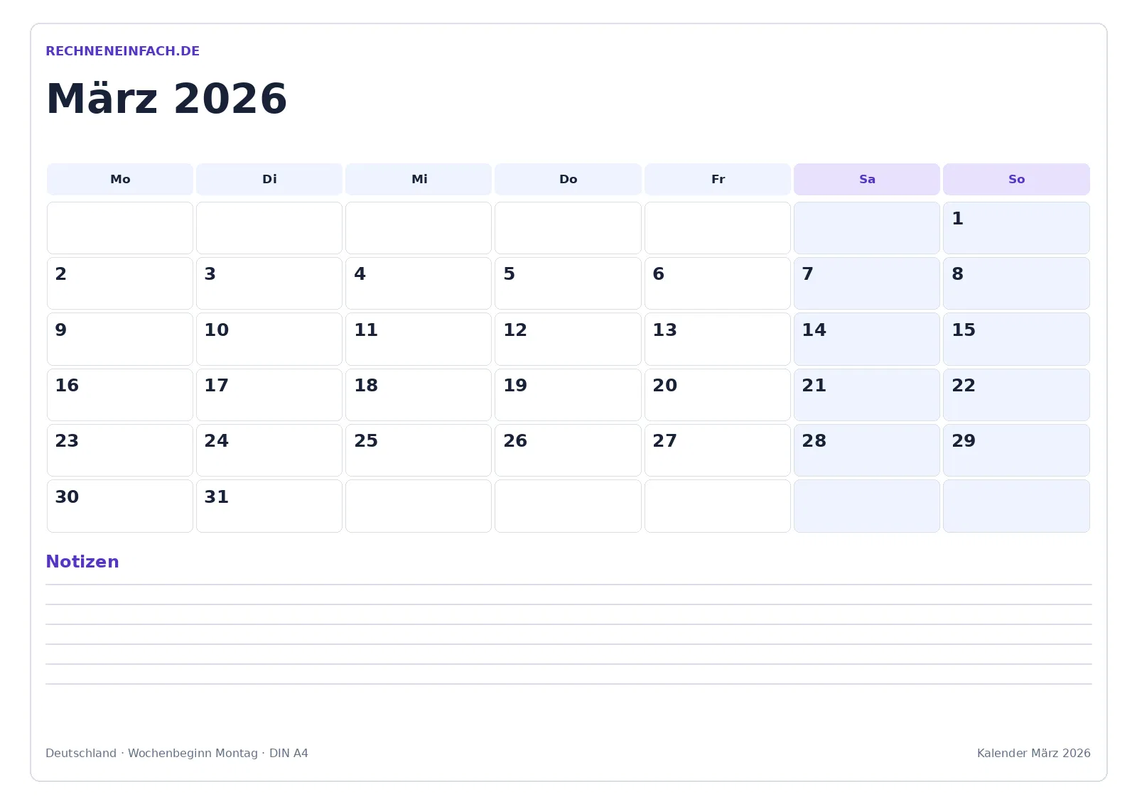 Kalender März 2026: Querformat mit Notizen