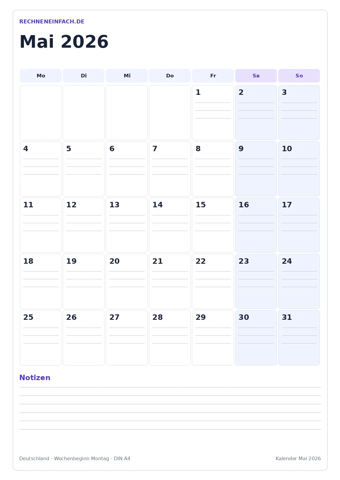 Kalender Mai 2026: Hochformat mit Notizen
