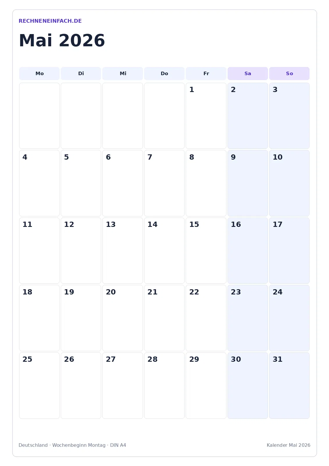 Kalender Mai 2026: Hochformat