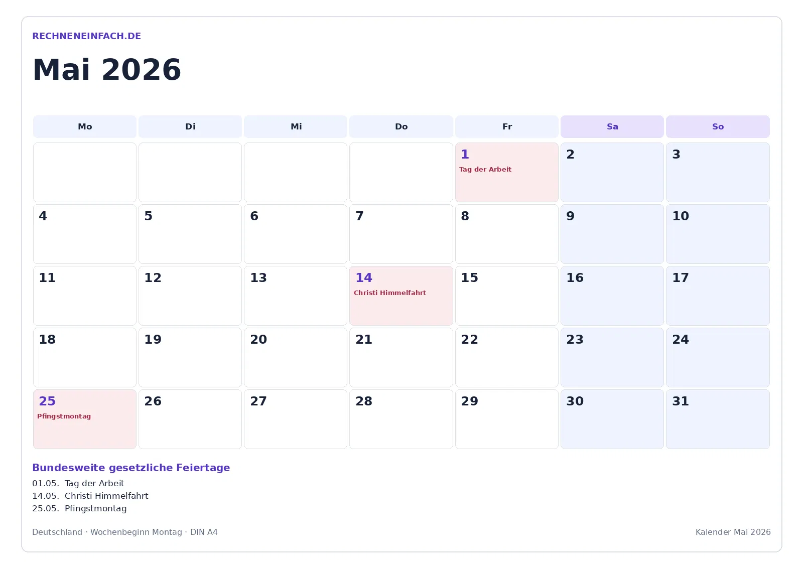 Kalender Mai 2026: Mit Feiertagen